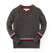 Pure Cotton Classic Cable Texture Knitted V-Neck Boys Knitwear Jumper Kid Sweater With Stripe Trim